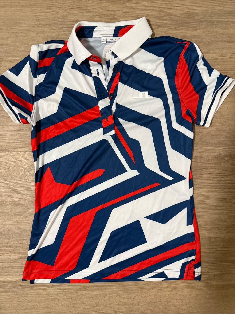 J.Lindeberg Navy, Red & White Geometric golf Polo sz M NWOT